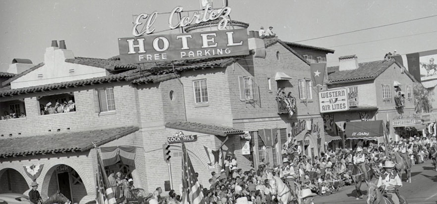 Photo of wild west parade outside El Cortez, 1946