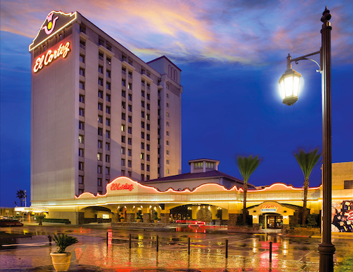 The first color photograph on the page shows an exterior shot of El Cortez with the new hotel tower in the background