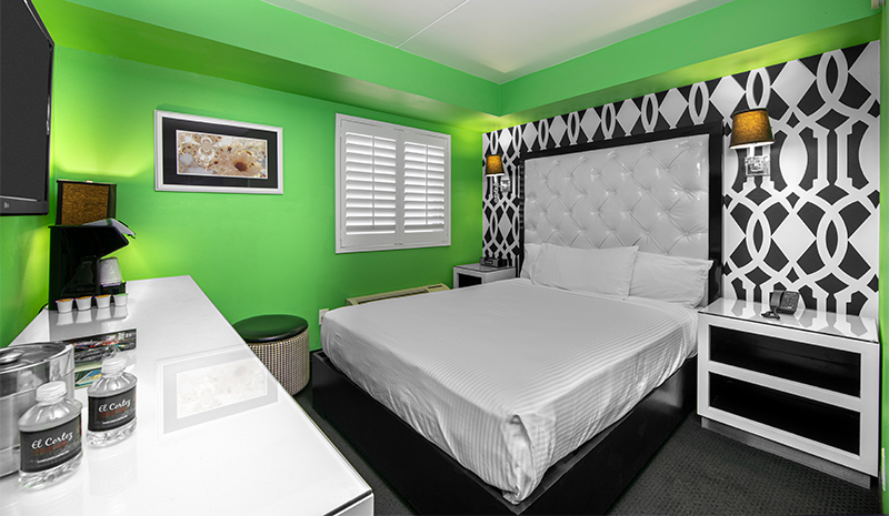 Modern hotel rooms feature a green accent wall, white bed, patterned wallpaper, and a desk with water bottles.