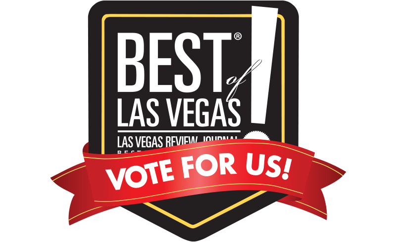 Black and gold Best of Las Vegas badge with a red ribbon saying Vote For Us! across the front.