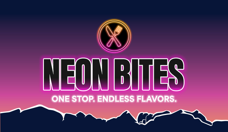 Neon Bites logo with a glowing fork and knife, tagline reads One stop. Endless flavors. over a mountain silhouette—inviting you to explore vibrant flavors in rooms full of culinary delights.
