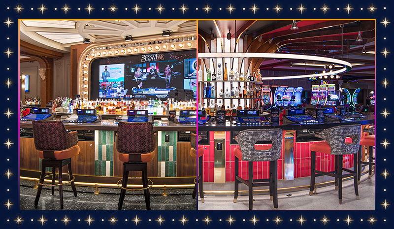 Two stylish casino rooms with slot machines, colorful lights, and elegant seating, divided by a gold line.