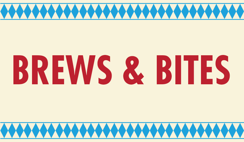 Text BREWS & BITES in bold red letters with blue diamond borders on a beige background, perfect for welcoming guests to your rooms.