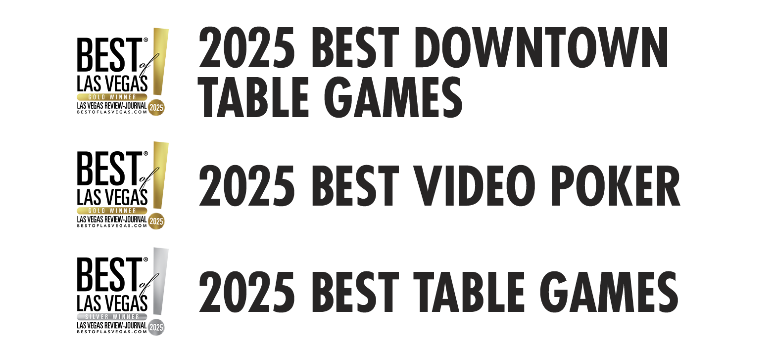 Three Best of Las Vegas gold 2025 award badges for table games, video poker, and slots on a light background.